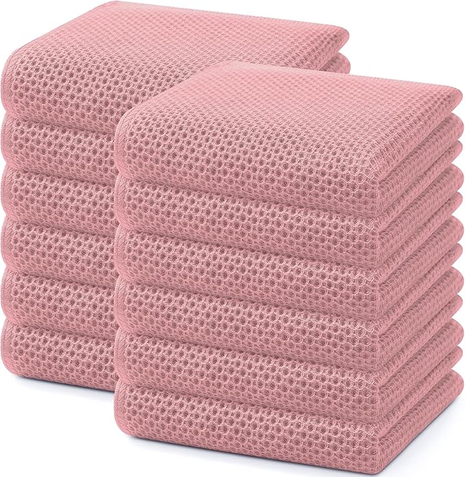 Homaxy 100% Cotton Waffle Weave Kitchen Dish Towels, Ultra Soft Absorbent Quick Drying Cleaning Towel, 13 x 28 Inches, 12-Pack, Dried Rose