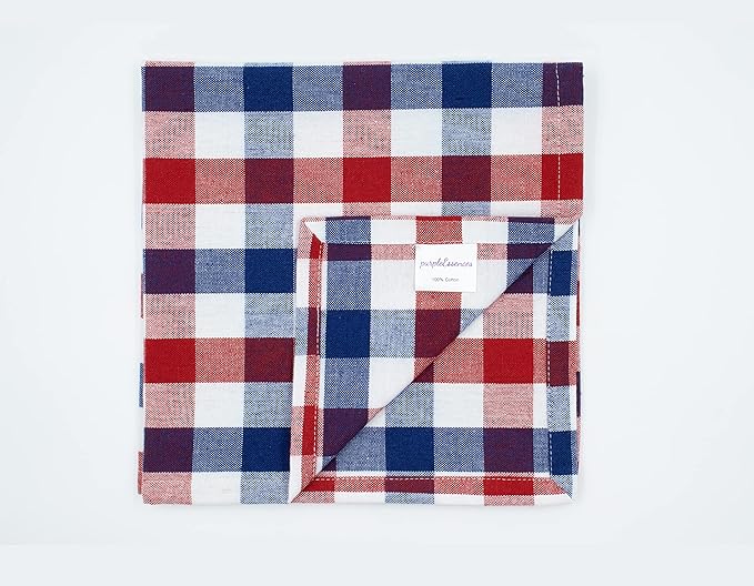 PurpleEssences 4th of July Buffalo Plaid Cloth Napkins - Mitered Corners - Summer - Gingham Check Dinner Napkin - Set of 12-100% Cotton - 18x18 Inch - Reusable Washable - Red White Blue