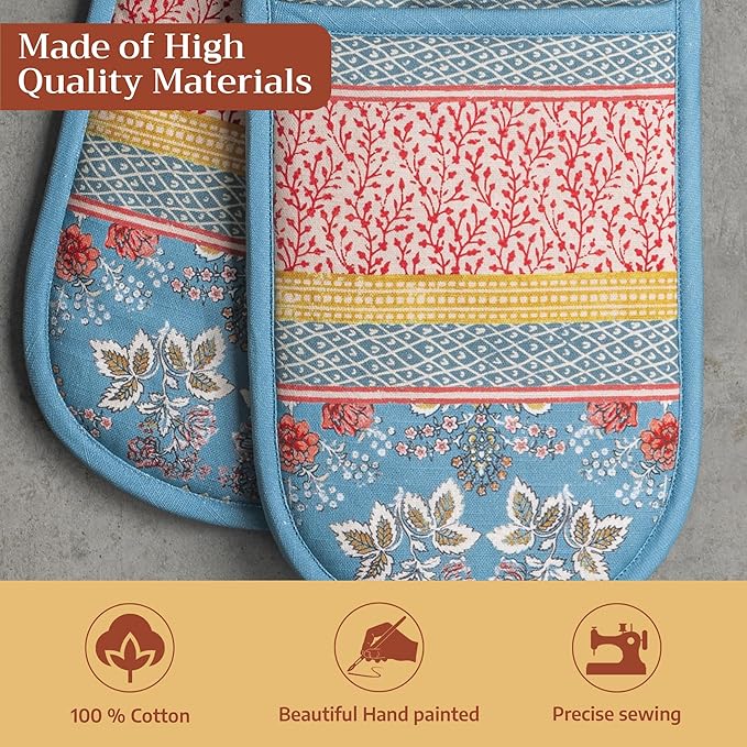 Maison d' Hermine Double Oven Mitts 100% Cotton 7"x35" Double Oven Mitt Heat Resistant BBQ Cooking Gloves with Loop Baking Grilling Gifts for Mothers Day Spring Summer (Marquise)