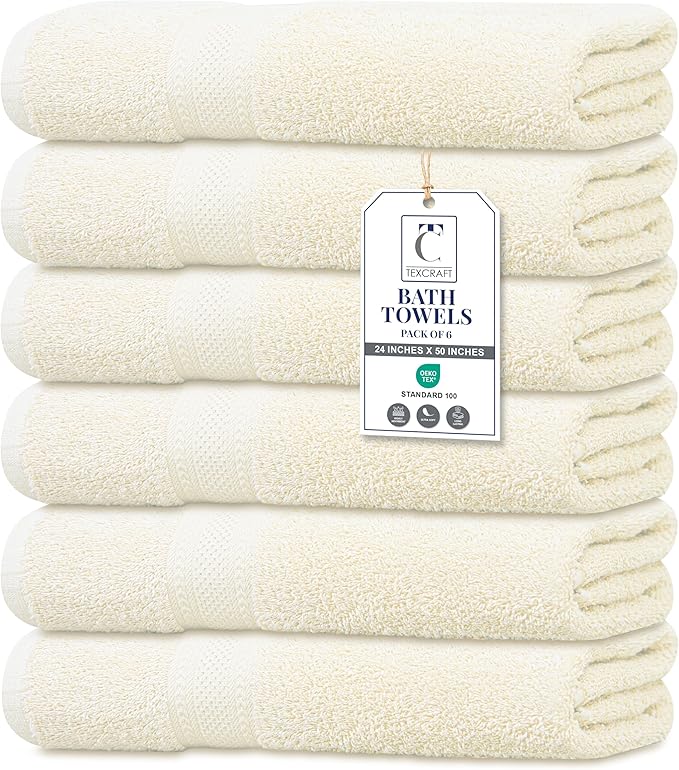 Large Bath Towels Set of 6 – 100% Cotton Terry – 24" x 50" – Quick Dry, Soft & Highly Absorbent – Ivory Towels for Bathroom, Gym, Spa, Pool & Daily Use