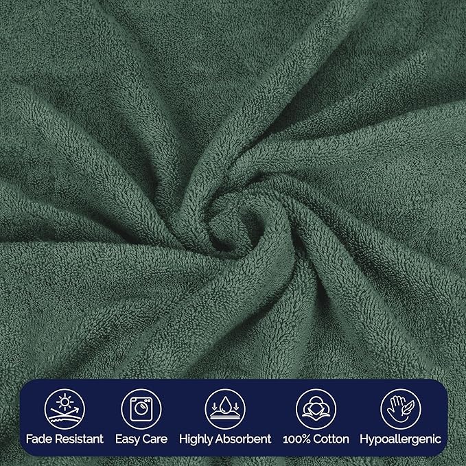 Elegant Comfort Premium Cotton 8-Piece Towel Set, Includes 4 Washcloths, 2 Hand Towels and 2 Bath Towels, 100% Turkish Cotton - Highly Absorbent and Super Soft Towels for Bathroom, Hunter Green
