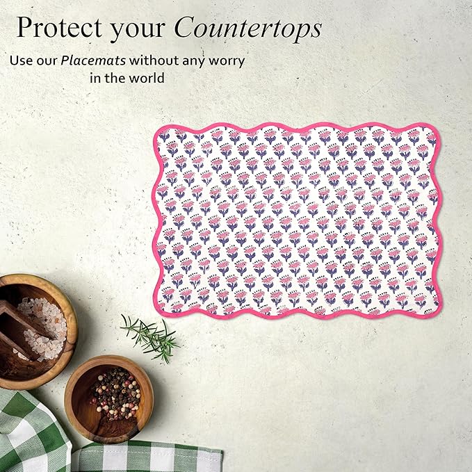 CPC Cotton Placemats Pink Sapphire Set of 4-Hand Block Printed Reversible Placemats, Flower Scalloped & Embroidered Cloth Table Mats - 14 x 20 inch Gift for Spring, Mother's Day