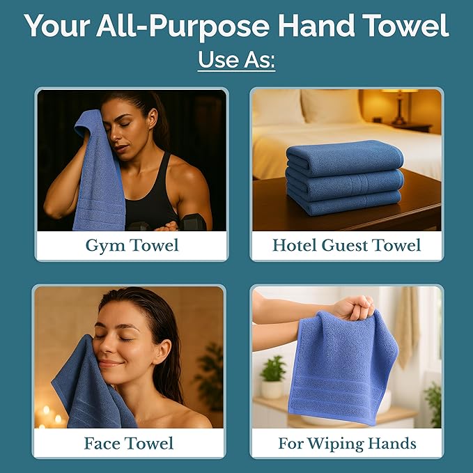 CASA PLATINO Bath Hand Towels for Bathroom - Pack of 4 (16"x28"), 100% Cotton Hand Towel - Soft, Durable, Quick Dry & Highly Absorbent - Hotel Quality Face Towels for Salons & Home Use - Cerulean Blue