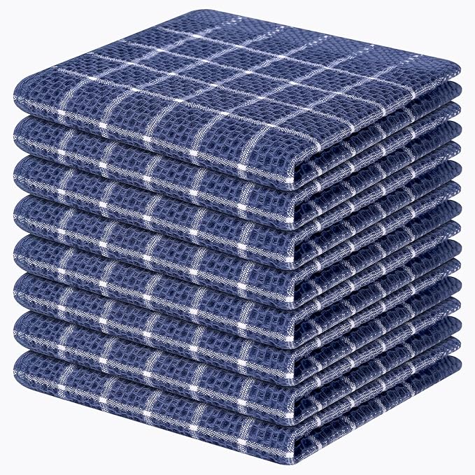Homaxy 100% Cotton Dish Cloths, 8 Pack-12 X 12 Inches, Check Design Waffle Weave Dish Rags for Washing Dishes, Ultra Absorbent and Fast Drying Dishcloths, Navy Blue&White