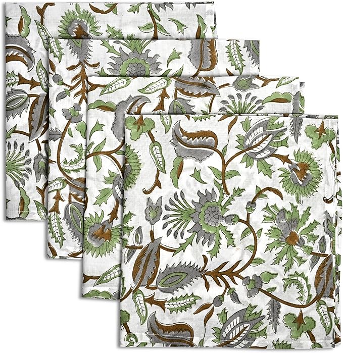 CPC Cloth Napkins Set of 4 Cotton Printed Dinner Hand Print Napkins I Wedding Cocktail Cloth Floral Napkins I 18x18 in I Mint Leaf
