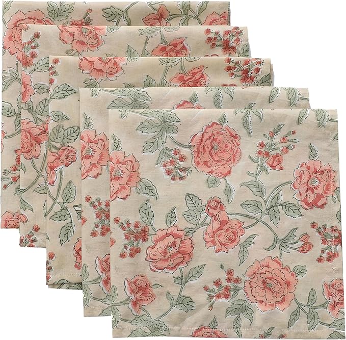 CPC Fire Opal Indian Block Print Cotton Cloth Napkins Set of 4, 18x18 Reusable Everyday Napkins, Soft, Absorbent, Floral Dinner Napkin, Holiday, Party Gift, Spring,Mother's Day