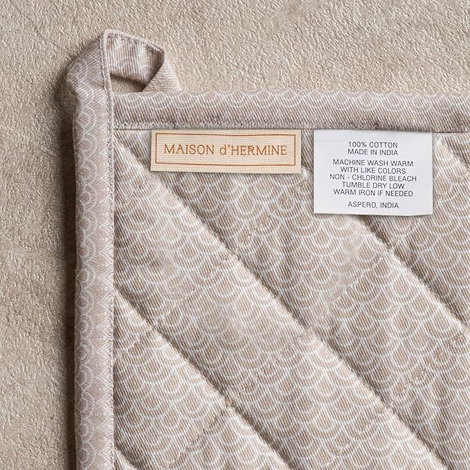 Maison d' Hermine 100% Cotton Oven Mitt & Pot Holder Set (7.5"x13" & 8"x8") Heat Resistant BBQ Cooking Gloves with Loop Baking Grilling Kitchen Gifts for Mothers Day Spring/Summer (Ibiza - Beige)