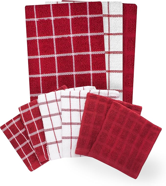 Ritz Premium 3-Pack Kitchen Towel & 6-Pack Dish Cloth Set - Highly Absorbent, Super Soft, Long-Lasting, 100% Cotton Terry Drying Cleaning Cloths, Paprika