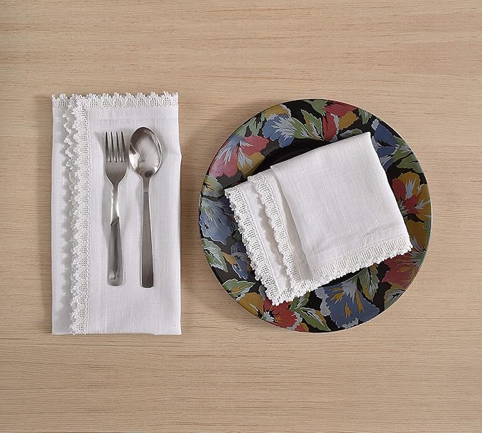 FINGERCRAFT Dinner Cloth Napkin Cotton Linen 12 Pack Vintage Rustic Premium Quality Mitered Corners Napkin Cloth with Elegant Lace for Everyday Use Pre Shrunk and Good Absorbency 20x20 in White