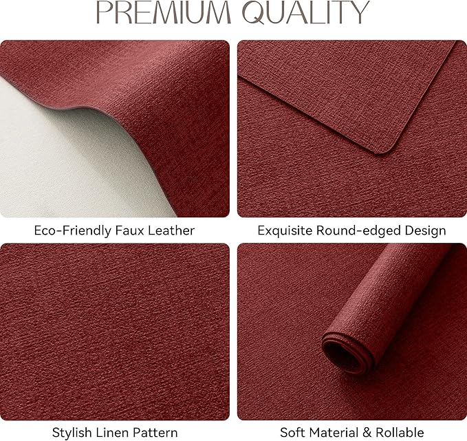 Romanstile Vinyl Placemats Set of 4-12 X 17 Inch - Faux Leather 100% Waterproof Oil-Proof Wipeable Place Mats, Heat Resistant Reversible PU Table Mats for Kitchen Dining Party Outdoor, Red