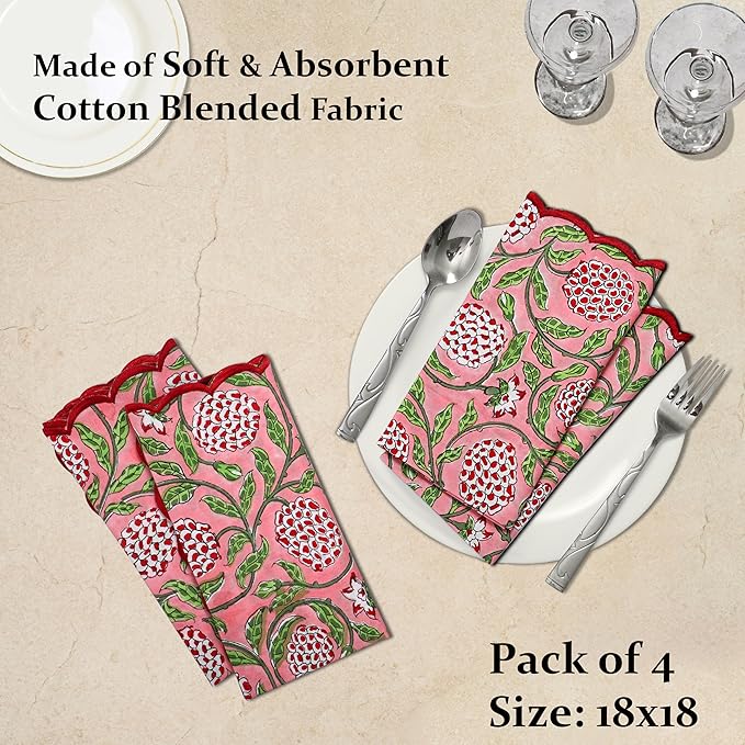 Ridhi Hand Block Print Strawberry Pink 18" x 18" (Set of 4) Embroidery Table Napkins Reusable Cotton Dinner Napkins for Weddings, Parties, Everyday Dining Gift for Spring, Easter, Valentine