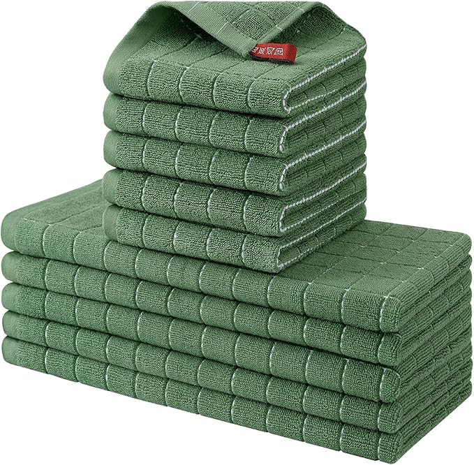 Homaxy Kitchen Towels and Dishcloths Set, 12 x 12 and 13 x 28 Inches, Set of 10 Bulk Cotton Terry Kitchen Towels Set, Checkered Designed, Soft and Super Absorbent Dish Towels, Grass Green