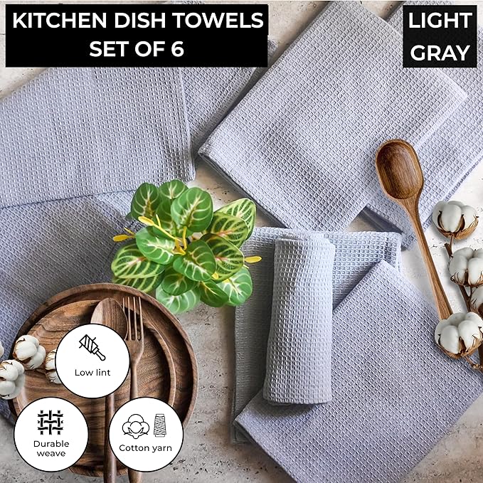 Highly Absorbent Cotton Dish Towels for Drying - Set of 6 Light Gray Kitchen Towels - 18"X28" Lint Free Waffle Weave Cloth Linen Hand Bathroom Bulk Dishtowels