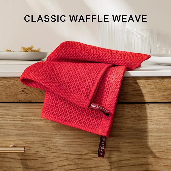 joybest Cotton Kitchen Dish Cloths, 8-Pack Waffle Weave Ultra Soft Absorbent Dish Towels Washcloths Quick Drying Dish Rags, 12x12 Inches, Red