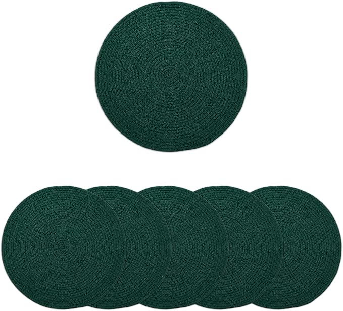 Encasa XO Dining Placemats Set of 6 | Cotton Round Table Mat - 13 in Diameter | Dark Green | Handmade Rib Style Chargers for Dinner Plates