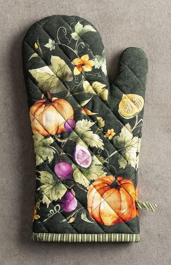 Maison d' Hermine Oven Gloves 100% Cotton Oven Mitt 7" x 13" with Loop Heat Resistant Cooking Gloves for Thanksgiving Christmas Decorations Handling Hot Pans (Pack of 1, Pumpkin Garden - Dark Green)