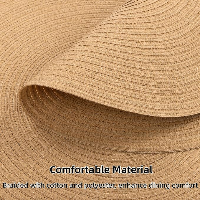 SHACOS 15 inch Round Braided Placemats Set of 6 Cotton Polyester Heat Resistant Round Table Mats Washable Place Mats for Dinner Party Table Decoration (Camel, 6)