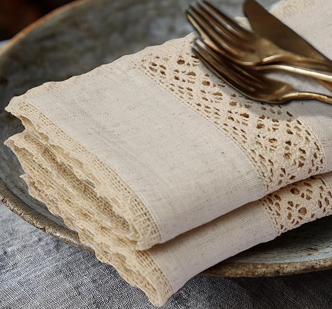 COTTON CRAFT Cloth Napkins with Lace - Set of 8 Natural Cotton Flax Elegant Everyday Fall Harvest Thanksgiving Holiday Table Lunch Dinner Napkins - Washable Reusable Serviette - 17x17 inches