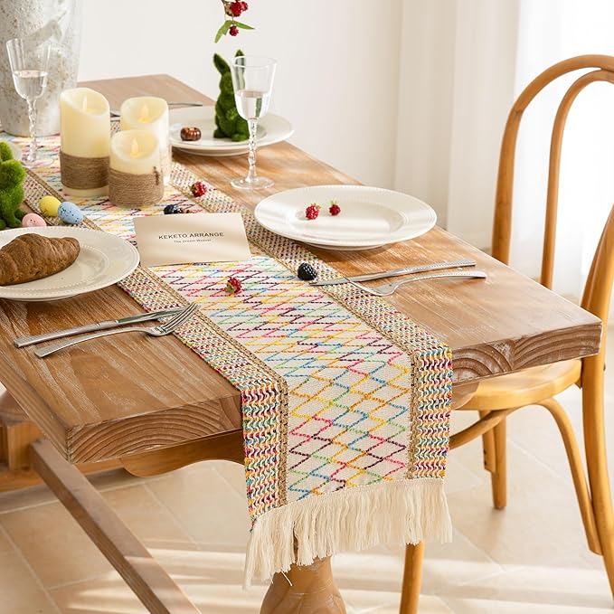 Keketoarrange Boho Table Runner Colorful for Home Decorations 12x48 Inches Farmhouse Small Macrame Woven Burlap Jute Rustic Coffee Dresser Table Runner Dining Kitchen Centerpiece Bohemian Decor