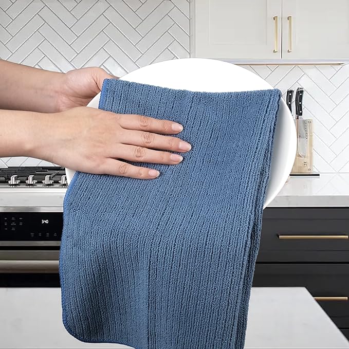POLYTE Premium Microfiber All-Purpose Ribbed Terry Kitchen Towel, 12 Pack (Blue, Gray, Teal, 16x28 in)