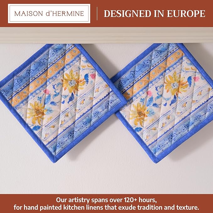 Maison d' Hermine Pot Holders 100% Cotton Heat Resistant Potholders 8" x 8" Hot Pads with Loop BBQ Cooking Baking Gifts for Mothers Day Handling Hot Pans Spring/Summer (Pack of 2, Girassol)