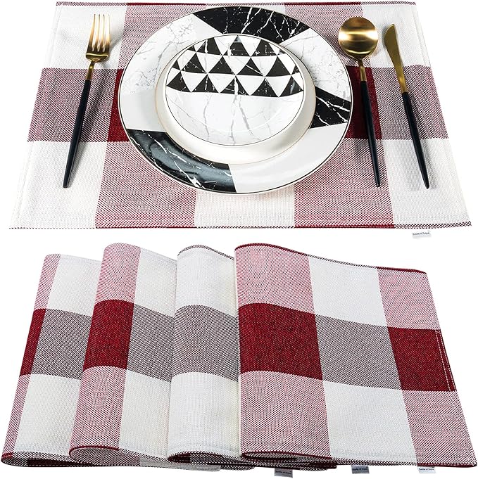 Red Placemats Set of 4, Linen Buffalo Plaid Double Layer Spring Placemats Check Kitchen Table Mats,Waterproof Heat Resistant Durable Cloth Washable Placemats 12 x 18 Inches