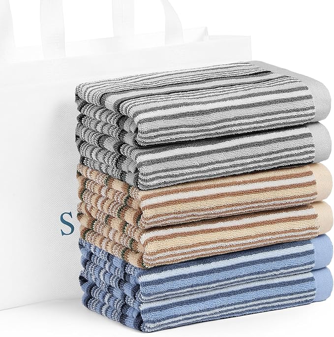 SALAS Kitchen Dish Towels for Drying Dishes, Large Cotton Kitchen Towels, Stripped Terry Dish Cloths, Thick Highly Absorbent Towel Sets with Hanging Loop, 16" X 26", 6 Packs Multi-Color