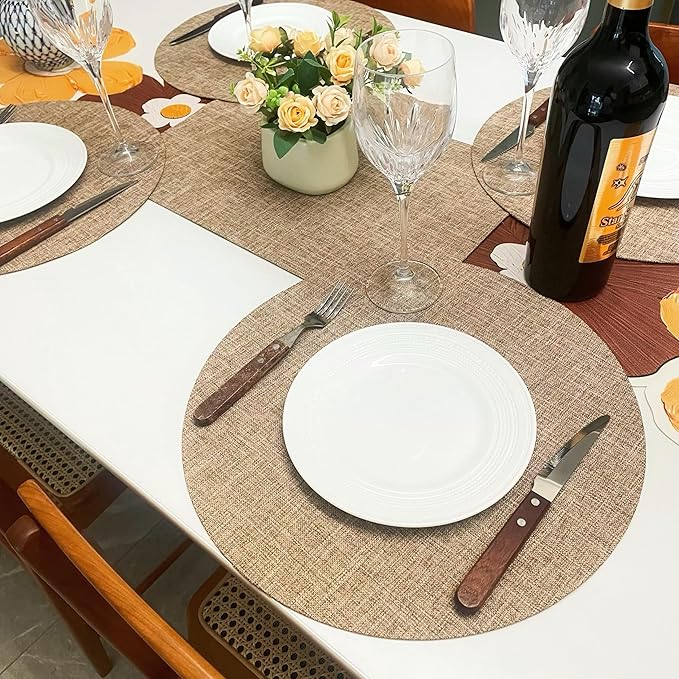 SLOW COW Round Place Mats Set of 4 Linen Placemats for Dining Table Machine Washable 15 inches Natural Linen