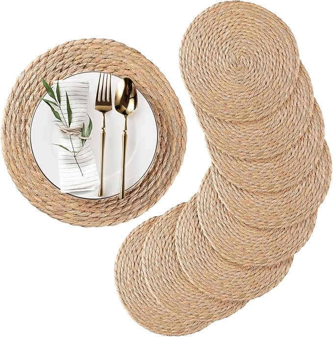 Round Woven Placemats Set of 10, Natural Water Hyacinth Place mats, 13.5 inch Rattan Placemat Wicker Placemats Farmhouse Boho Braided Heat Resistant Outdoor Placemat Patio Table Place Mat