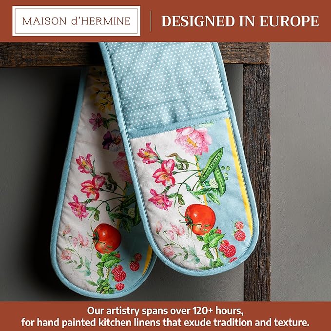 Maison d' Hermine Double Oven Mitts 100% Cotton 7"x35" Double Oven Mitt Heat Resistant BBQ Cooking Gloves with Loop Baking Grilling Gifts for Mothers Day Spring Summer (Giverny)