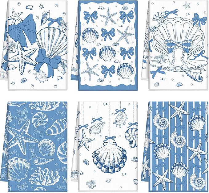 Breling Set of 6 Coastal Beach Kitchen Towels Blue Bow Dish Towel Bathroom Decorative Ocean Seashell Nautical Rustic Hand Cloths for Kitchen Bathroom Home Cooking Housewarming Gifts, 14 x 21 Inch