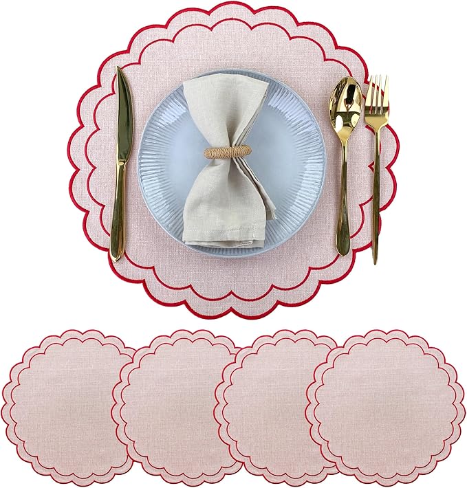 Linen Cotton Placemats Set of 4 Scalloped Flower Embroidery Place Mats 15'' Natural Linen Texture Fabric Machine Washable Table Mats for Restaurant Kitchen,Table Decor(Powder Pink)