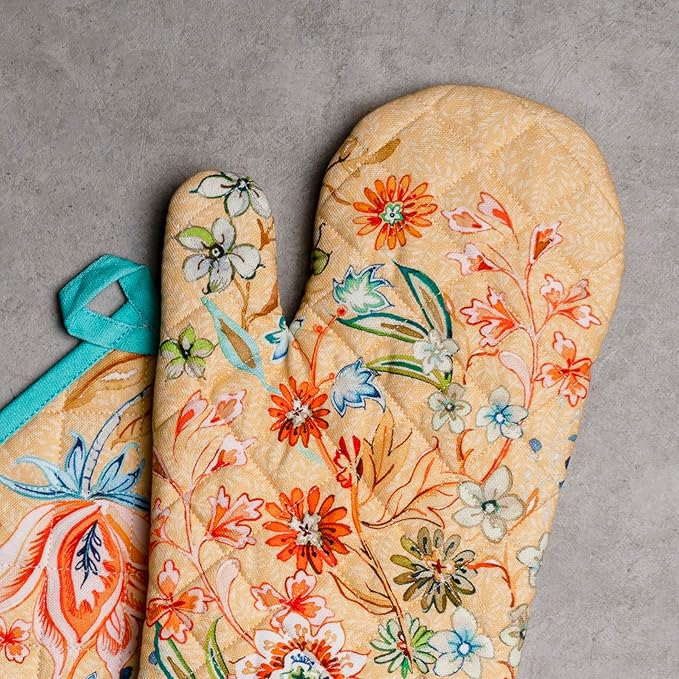 Maison d' Hermine 100% Cotton Oven Mitt & Pot Holder Set (7.5"x13" & 8"x8") Heat Resistant BBQ Cooking Gloves with Loop Grilling Kitchen Gifts for Mothers Day Spring/Summer (Luxury Loft - Peach)