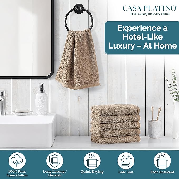Casa Platino Bathroom Hand Towels - 6 Pack (16"x28"), 100% Ringspun Cotton Hand Towel Set - Soft, Lightweight, Fade & Shrink Resistant - Everyday Use, Face Towels for Bathroom, Gym and Travel - Taupe