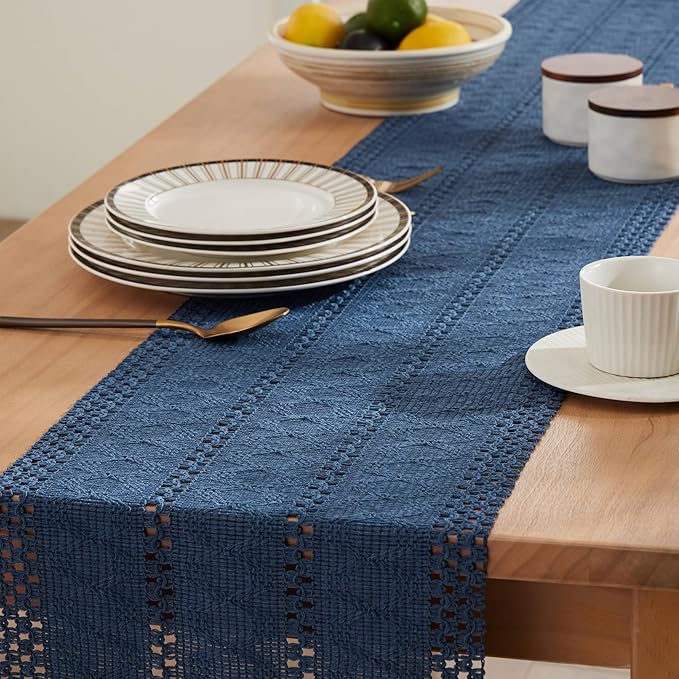 ZeeMart Macrame Style Boho Table Runner, Blue Table Runners 108 Inches Long, Farmhouse Woven Home Decor, 12x108 Inch, Dusty Blue