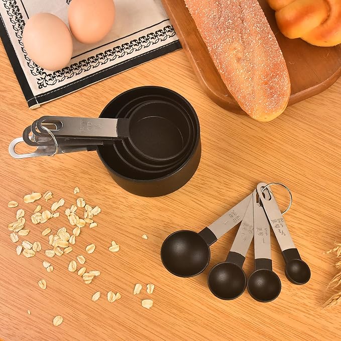 Measuring Cups and Spoons Set, 8-Piece Stackable Kitchen Measuring Set for Cooking and Baking, Durable Plastic Cups with Stainless Steel Handles, Easy-Grip, Nesting Design, Black