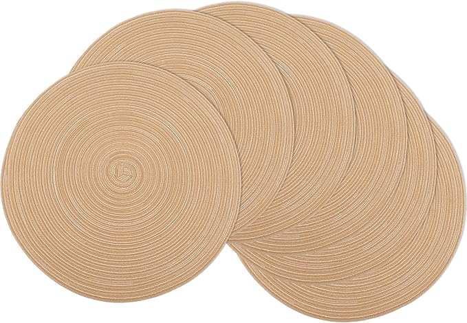 Braided Round Placemats Set of 6,Woven Washable Non-Slip Table Mats for Kitchen Dining, 14.5 Inch, Heat Resistant - Natural Fabric Indoor Outdoor Place Mats(Khaki)