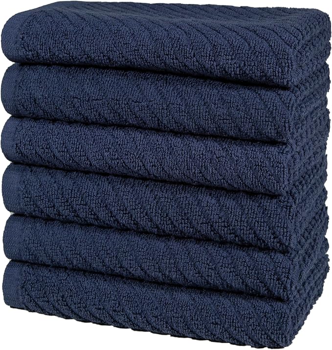Premium Kitchen Towels (16”x 25”, 6 Pack) | Large Cotton Kitchen Hand Towels | Dish Towels | Diagonal Weave Design | 445 GSM Highly Absorbent Tea Towels Set with Hanging Loop | Navy