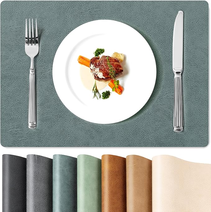 Roxifina Faux Leather Placemats Set of 8 - Vinyl Placemats Wipeable Waterproof Oil-Proof PU Place Mats Heat Resistant Reversible Table Mats for Dining, Kitchen, Outdoor, 12 x 17 Inch (Blue-Green Gray)