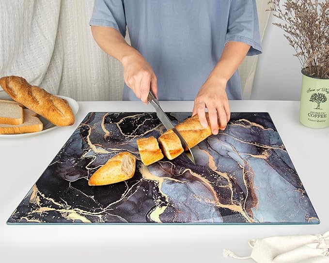 Kitchenville Glass Cutting Board 20”x16”: Tempered Glass Kitchen Counter Protector - Durable- Scratch-Resistant, Heat-Proof - Design 8 - Grey & Gold