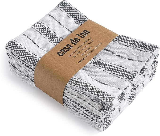 Kitchen Towels Set – Pack of 6 (20’’ x 30’’) Extra Large Premium Cotton Dish Towels for Kitchen – Chain Stripe Towels – Absorbent – 100% Cotton – with Hanging Loop – Dark Grey