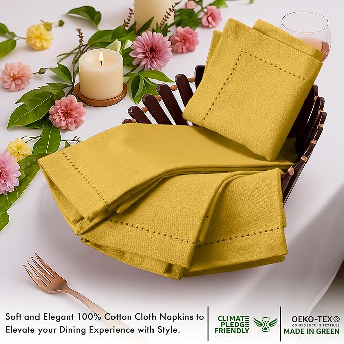 Ruvanti Cloth Napkins Set of 12, 100% Cotton High GSM 18x18 Inches, Hem Stitched Corners, Soft, Washable, Durable & Absorbent, Perfect for Parties, Christmas, Thanksgiving Dinners – Spicy Mustard
