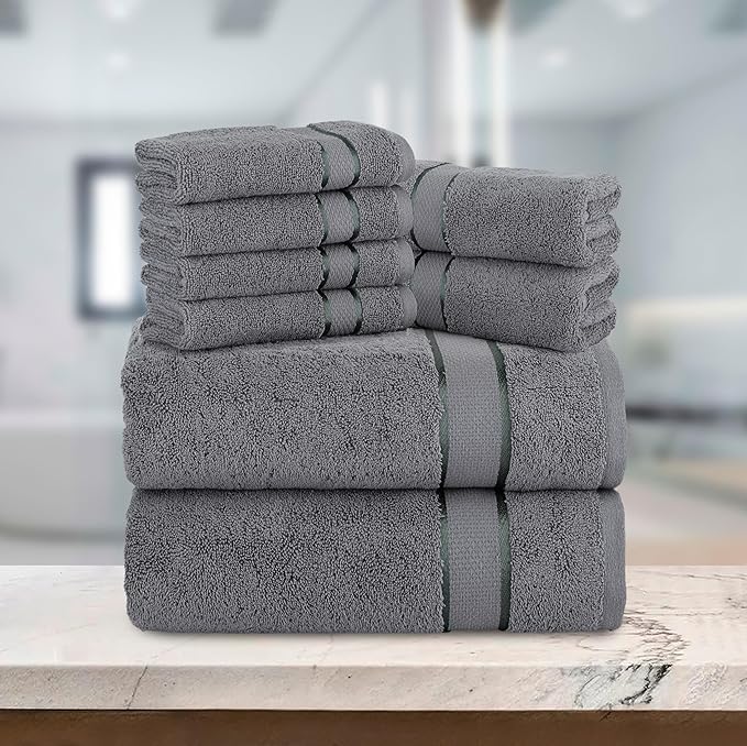 Elegant Comfort Premium Cotton 8-Piece Towel Set, Includes 4 Washcloths, 2 Hand Towels and 2 Bath Towels, 100% Turkish Cotton - Highly Absorbent and Super Soft Towels for Bathroom, Grey