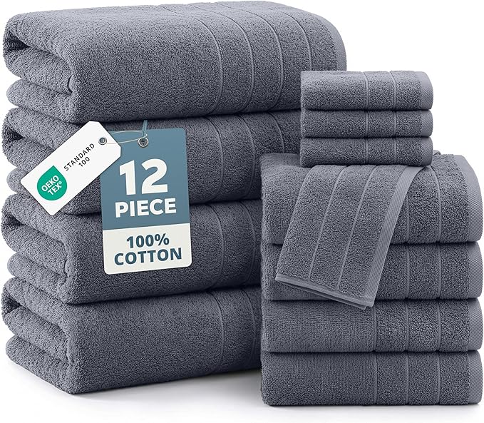Casa Platino 100% Cotton Towels Set for Bathroom - 12 Pc Family Pack - Super Soft & Quick Dry - 4 Bath, 4 Washcloth, 4 Hand Towels - Oeko TEX Certified, Machine Washable & Durable - Cool Grey