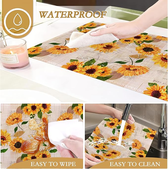 Yellow Watercolor Sunflowers Placemats Set of 6, 12x18 Inch Waterproof Stain Resistant Linen Table Placemats Summer Seasonal Farmhouse Kitchen Party Decor Home Decor