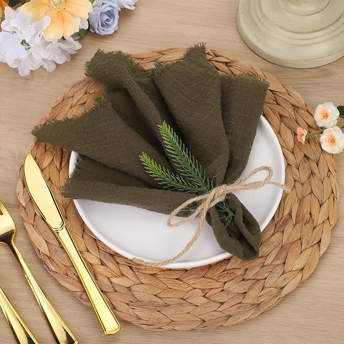 TURSTIN 12 Pieces Cotton Linen Cloth Napkin Handmade Cloth Napkin with Fringe 17 x 17 Inch Soft Dinner Wedding Napkins Square Rustic Fringe Table Napkins for Dinners, Parties, Weddings, Coffee