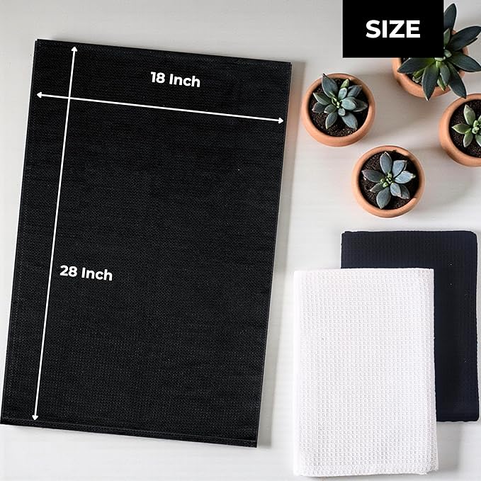 Highly Absorbent Cotton Dish Towels for Drying - Set of 3+3 - Black + White - 18"X28" Lint Free Waffle Weave Cloth Linen Hand Bathroom Bulk Dishtowels