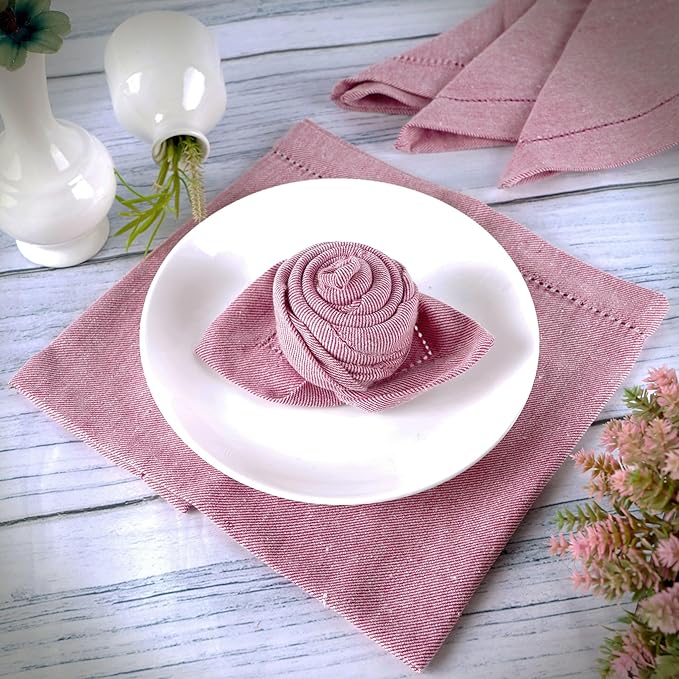 Fingercraft Cloth Napkins, Dual Color Hemstitched Design Dinner Napkins, Everyday Use,Premium Quality Cotton Napkins Perfect for Parties Dinners Weddings Christmas Set of 12, 20 inch Rose White