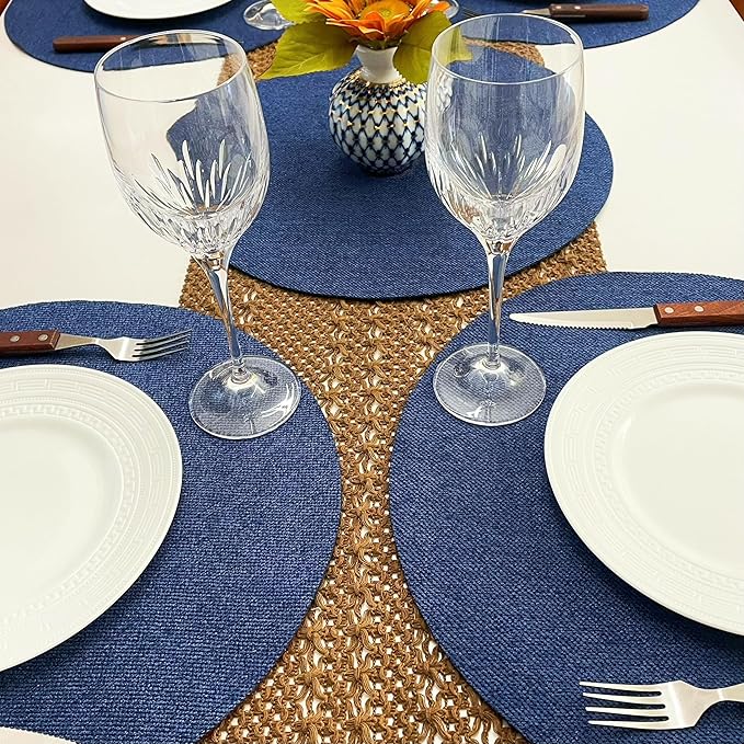 SLOW COW Linen Round Placemats for Dining Table Place Mats 15 inch Washable Set of 4 Dark Denim