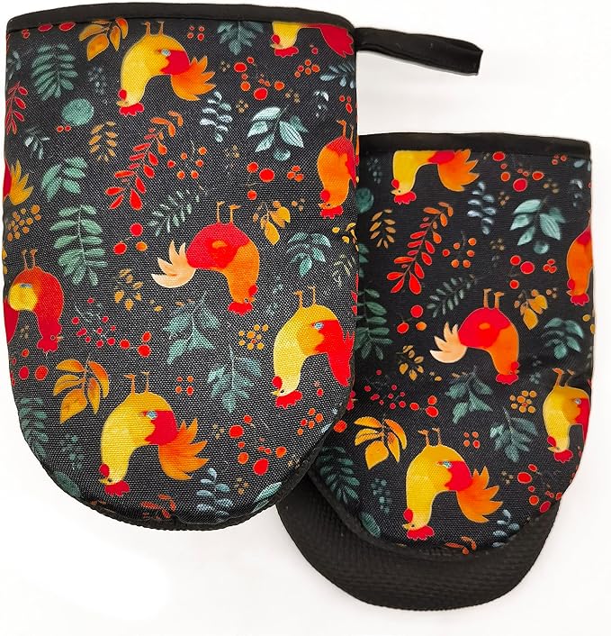 Rooster Oven Mitts, High Heat Resistant Kitchen Oven Gloves, Mini Silicone Oven Mitts, Non-Slip Grip Surfaces and Hanging Loop for Grilling, Baking, Cooking and Microwave, Gift
